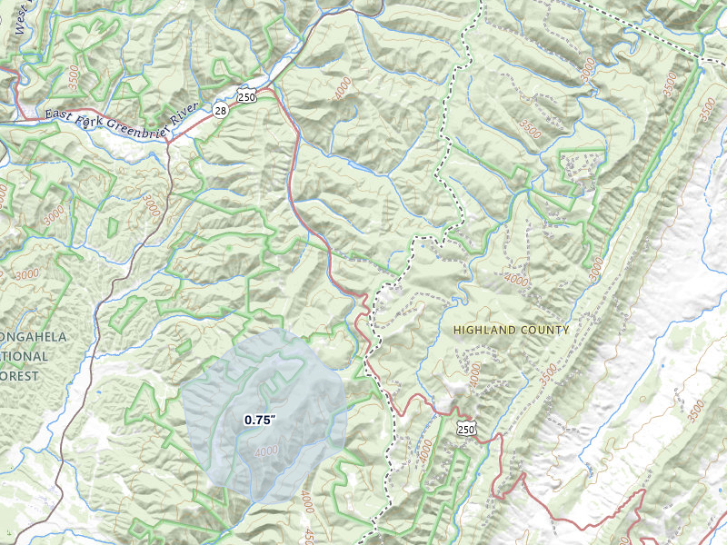 NEXRAD radar-signature map of the hail storm over Bartow, WV on Jul 8, 2026