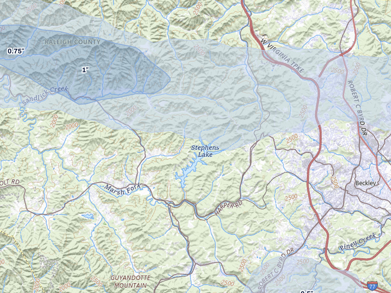 NEXRAD radar-signature map of the hail storm over Beckley, WV on Apr 1, 2026