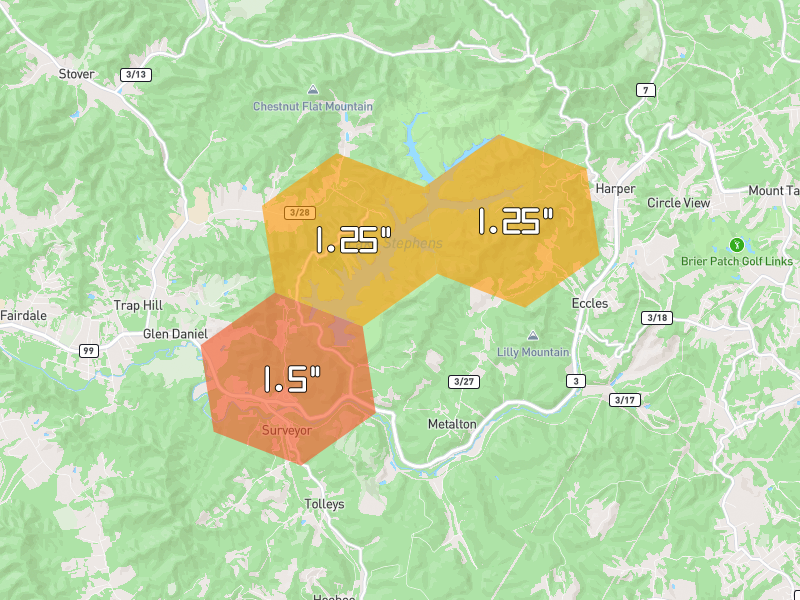 Hail map of Beckley, WV on Jul 4, 2026, hail up to 1.5"