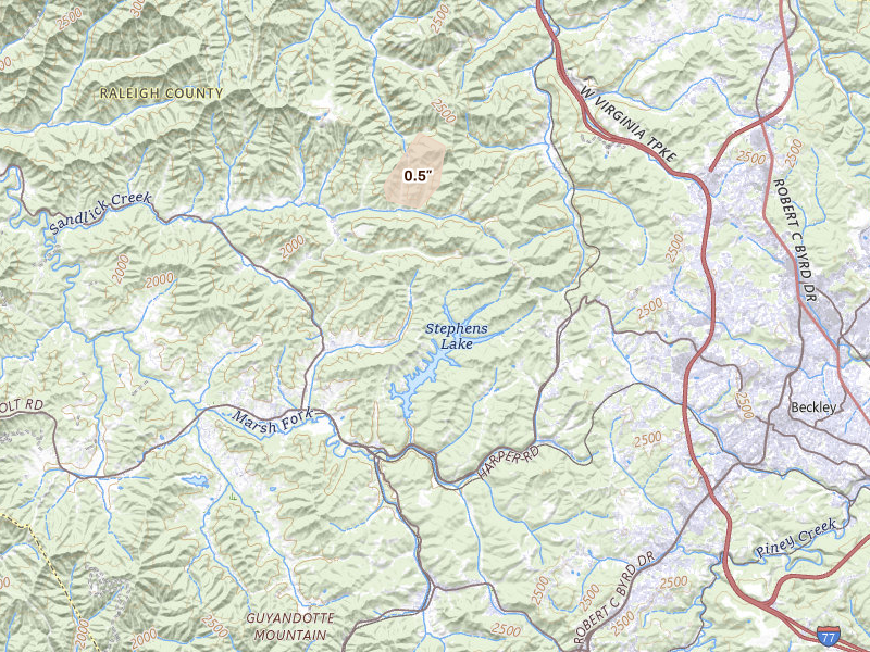 Radar-estimated hail-size map of the storm over Beckley, WV on Aug 27, 2026