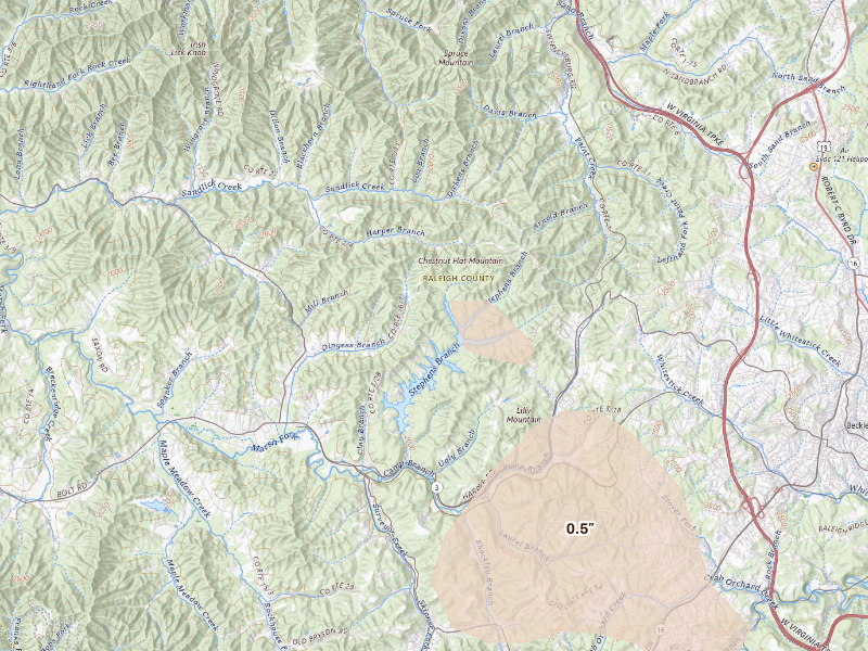 Radar-estimated hail-size map of the storm over Beckley, WV