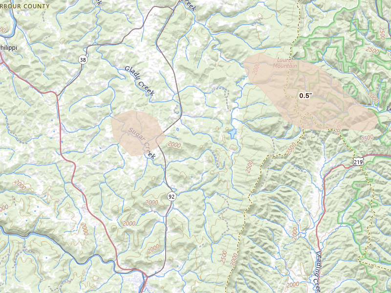 Radar-estimated hail-size map of the storm over Belington, WV on May 27, 2026
