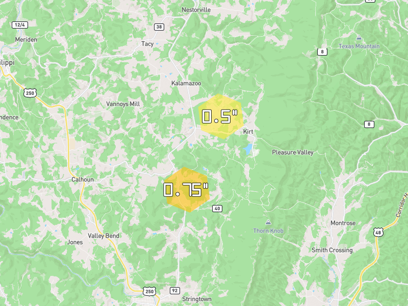 Hail map of Belington, WV on Jul 21, 2026, hail up to 0.75"