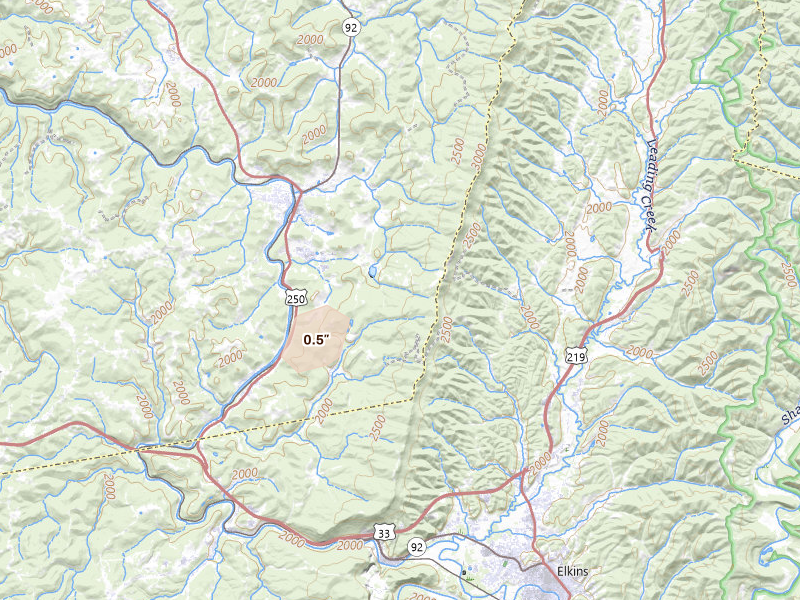 Radar-estimated hail-size map of the storm over Belington, WV on Aug 7, 2026