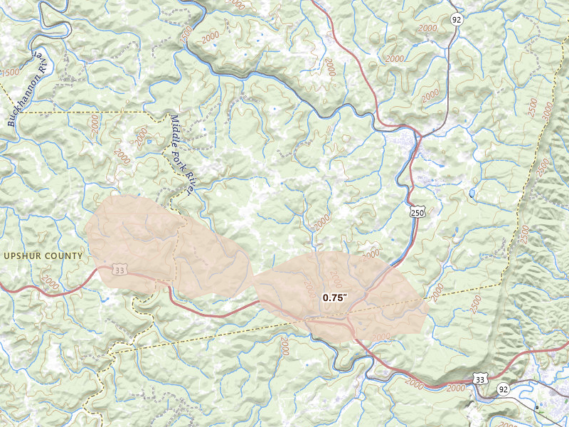 Radar-estimated hail-size map of the storm over Belington, WV on Aug 27, 2026