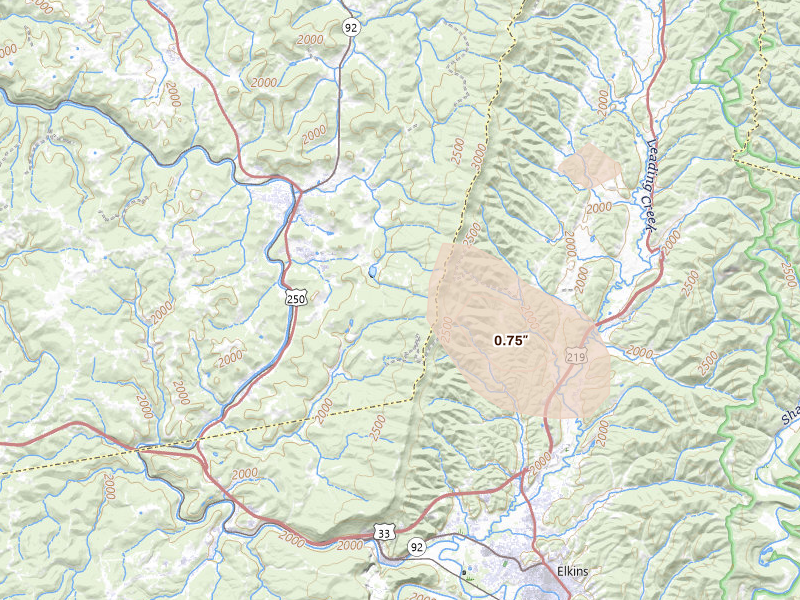 Radar-estimated hail-size map of the storm over Belington, WV on Sep 3, 2026