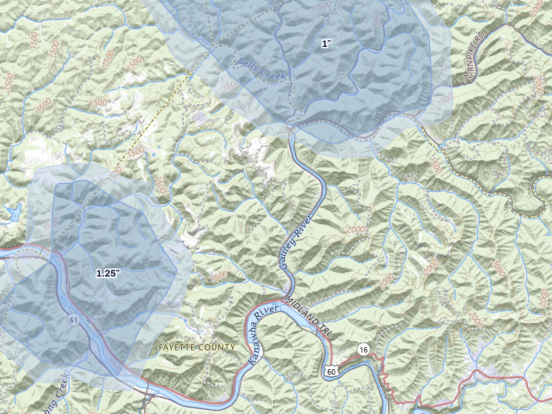 NEXRAD radar-signature map of the hail over Belva, WV