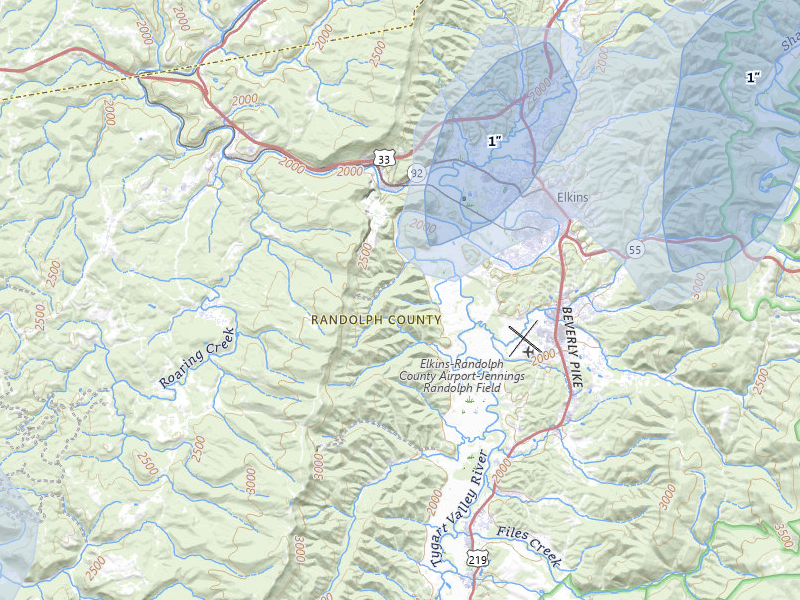 NEXRAD radar-signature map of the hail over Beverly, WV