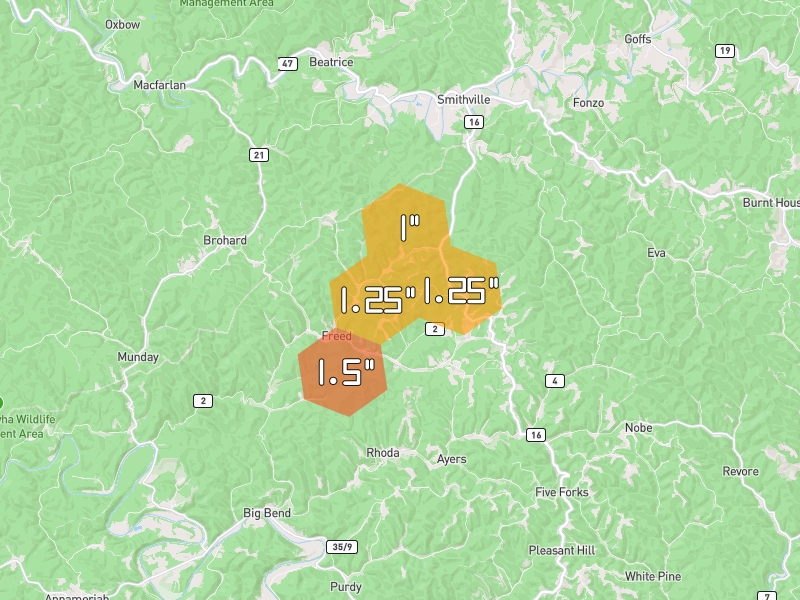 Hail map of Big Springs, WV on Jul 4, 2026, hail up to 1.5"