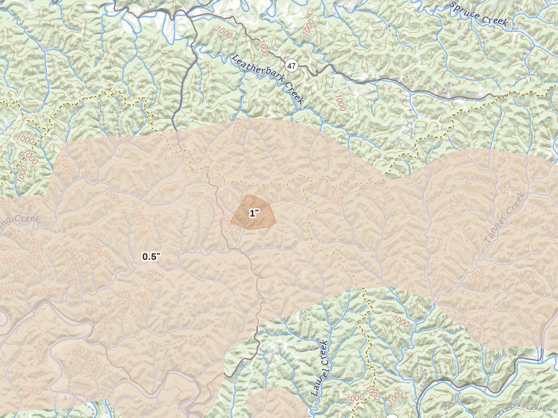 Radar-estimated hail-size map of the storm over Big Springs, WV on Aug 10, 2026