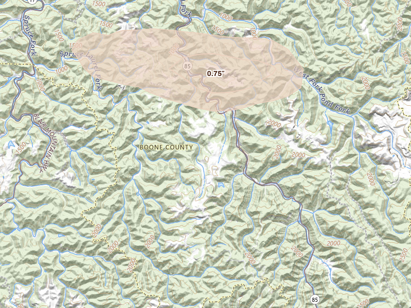 Radar-estimated hail-size map of the storm over Bim, WV on Feb 19, 2026