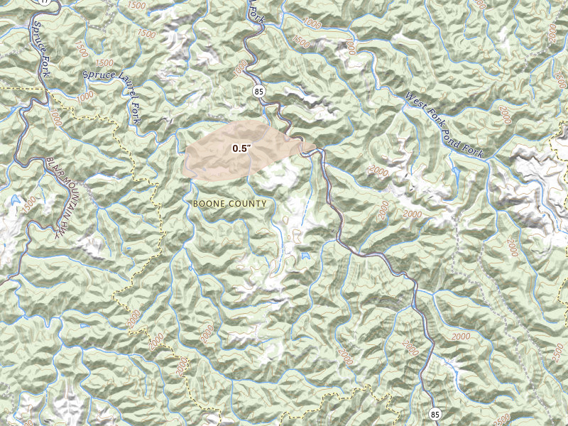 Radar-estimated hail-size map of the storm over Bim, WV on Apr 1, 2026