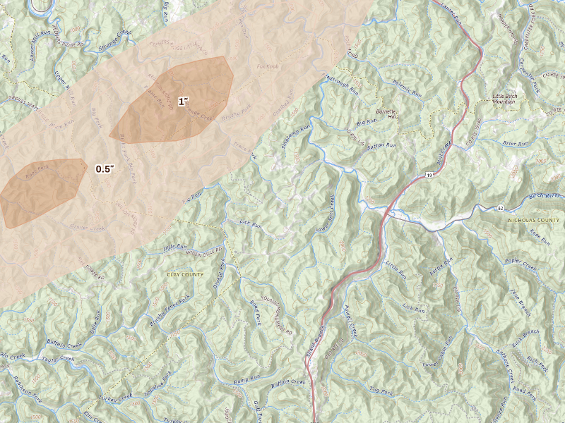 Radar-estimated hail-size map of the storm over Birch River, WV on Sep 21, 2026