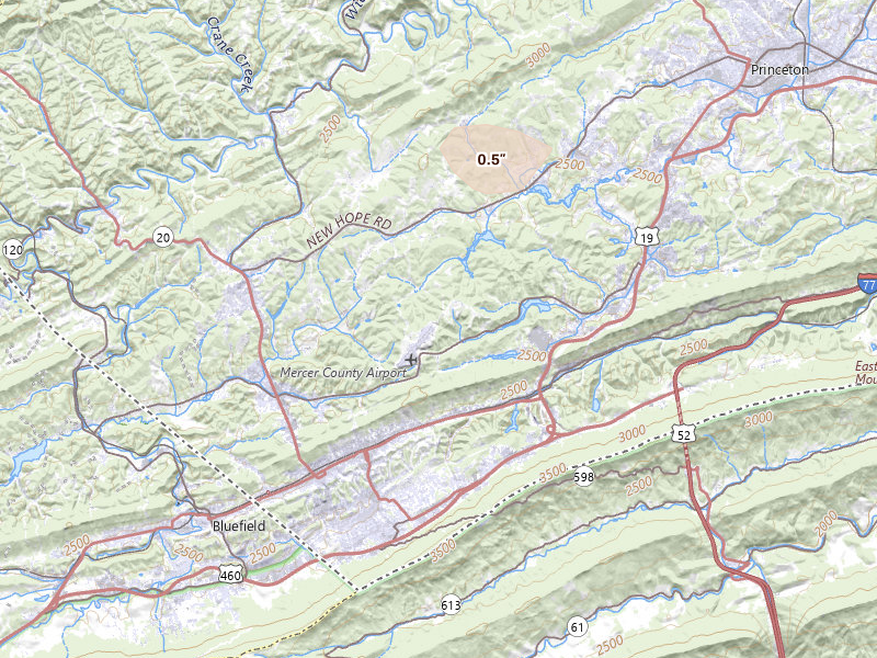 Radar-estimated hail-size map of the storm over Bluefield, WV on Jun 12, 2026