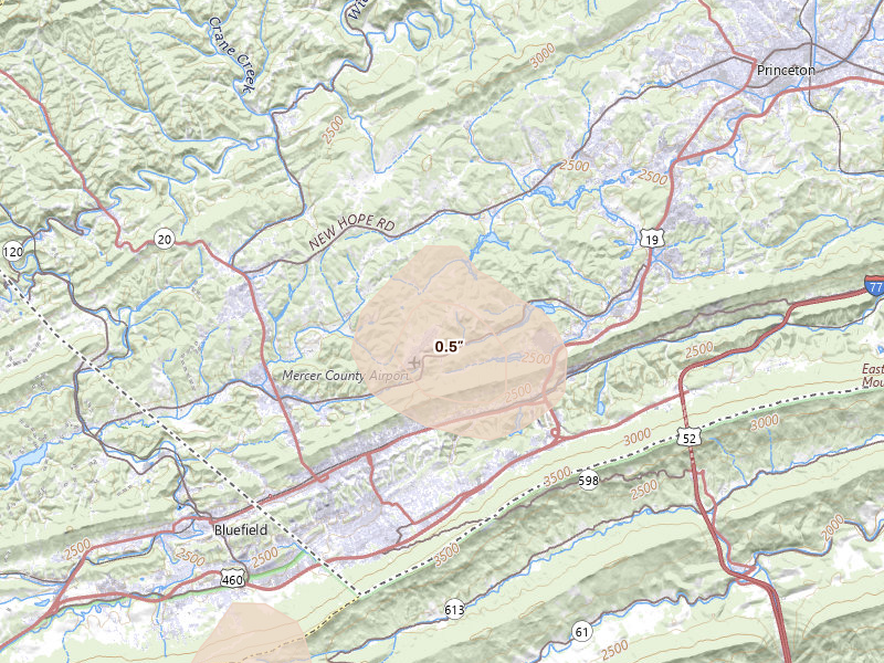 Radar-estimated hail-size map of the storm over Bluefield, WV on Jul 4, 2026