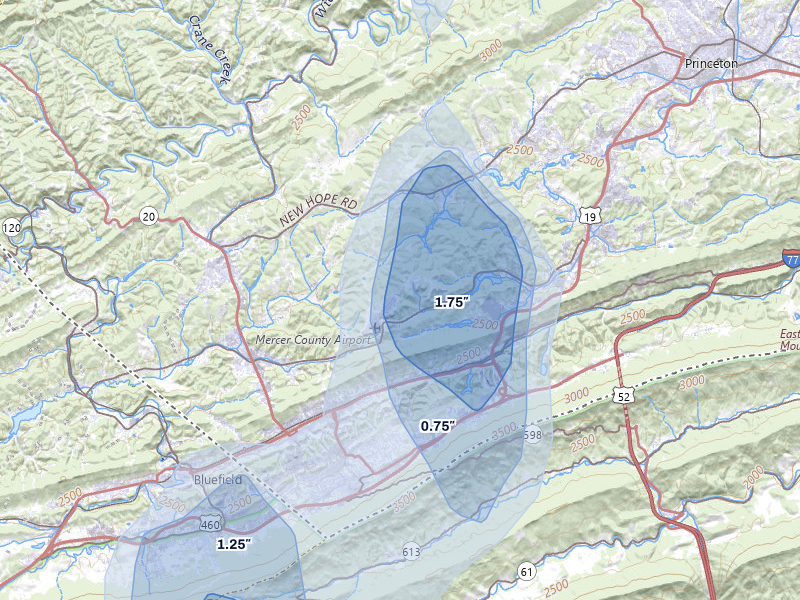 NEXRAD radar-signature map of the hail over Bluefield, WV