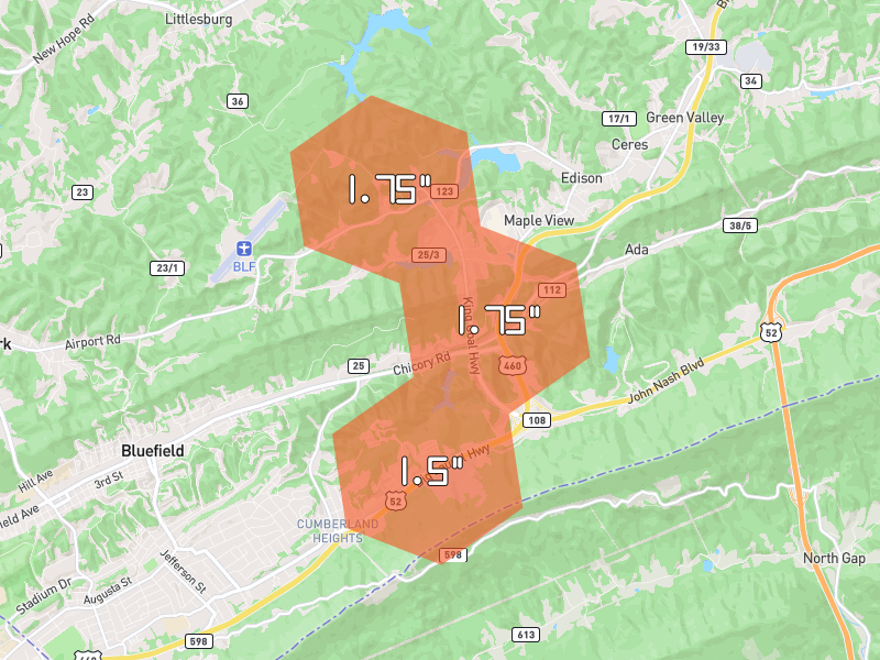 Hail map of Bluefield, WV on Jul 4, 2026, hail up to 1.75"