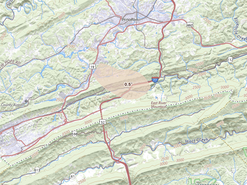 Radar-estimated hail-size map of the storm over Bluefield, WV on Aug 14, 2026