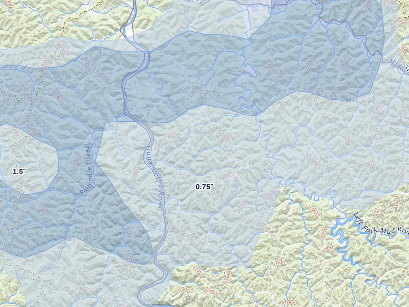 NEXRAD radar-signature map of the hail storm over Branchland, WV on Aug 11, 2026