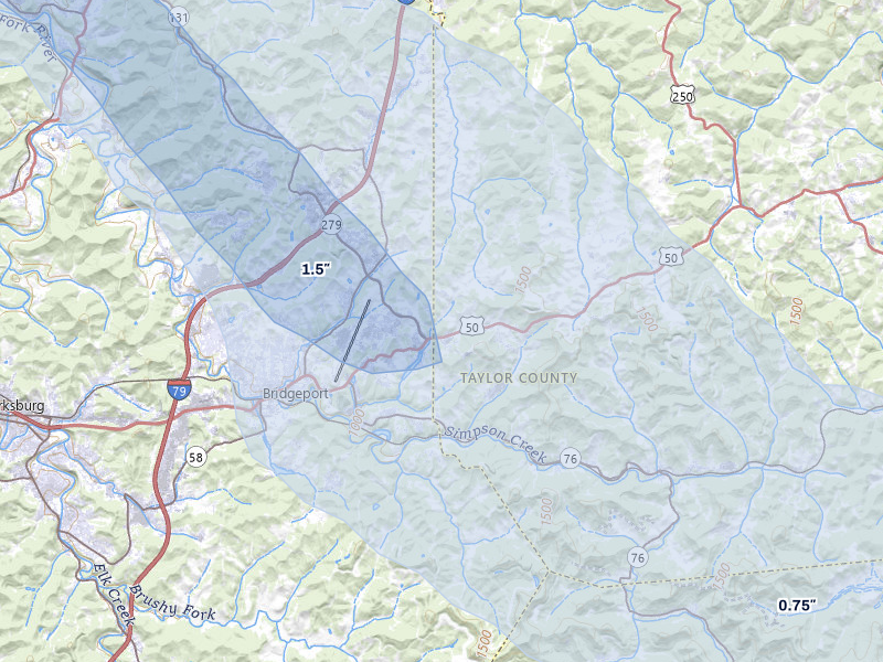 NEXRAD radar-signature map of the hail over Bridgeport, WV