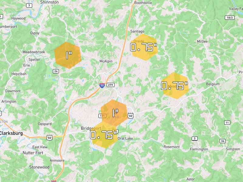 Hail map of Bridgeport, WV on Jul 21, 2026, hail up to 1"