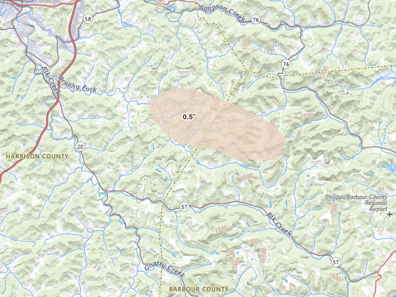 Radar-estimated hail-size map of the storm over Bridgeport, WV on Sep 3, 2026