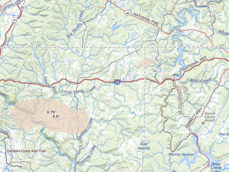 Radar-estimated hail-size map of the storm over Bruceton Mills, WV on Apr 1, 2026