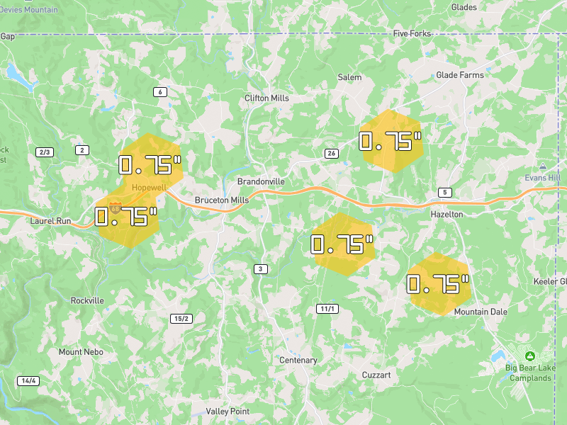 Hail map of Bruceton Mills, WV on Jul 4, 2026, hail up to 0.75"