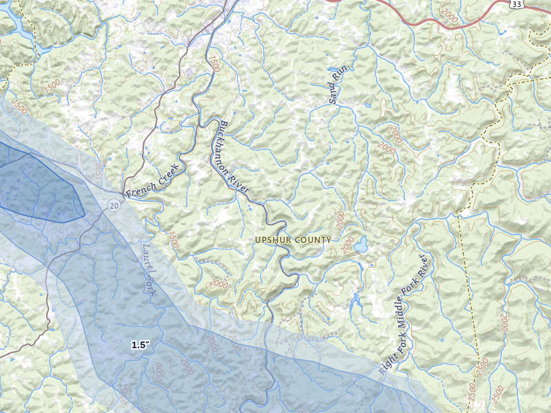 NEXRAD radar-signature map of the hail over Buckhannon, WV