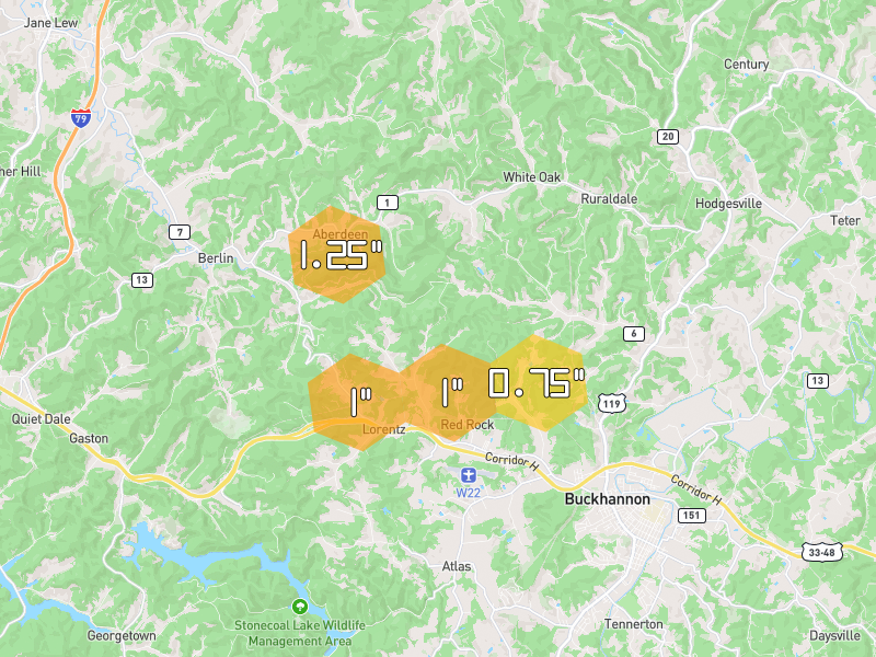 Hail map of Buckhannon, WV on Jul 21, 2026, hail up to 1.25"