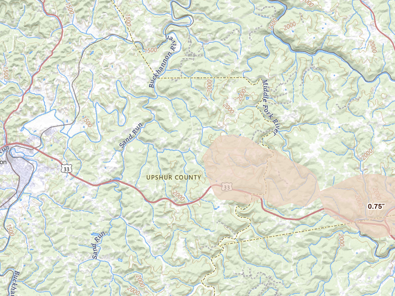 Radar-estimated hail-size map of the storm over Buckhannon, WV on Aug 27, 2026