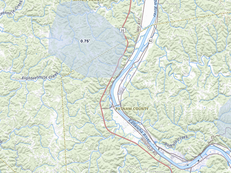 NEXRAD radar-signature map of the hail storm over Buffalo, WV on Jul 5, 2026