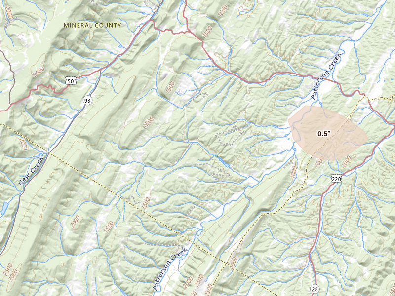 Radar-estimated hail-size map of the storm over Burlington, WV on Jul 21, 2026
