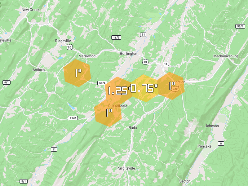 Hail map of Burlington, WV on Jul 21, 2026, hail up to 1.25"