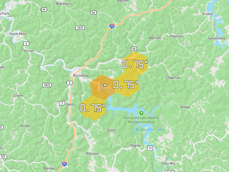 Hail map of Burnsville, WV on Jul 4, 2026, hail up to 1"