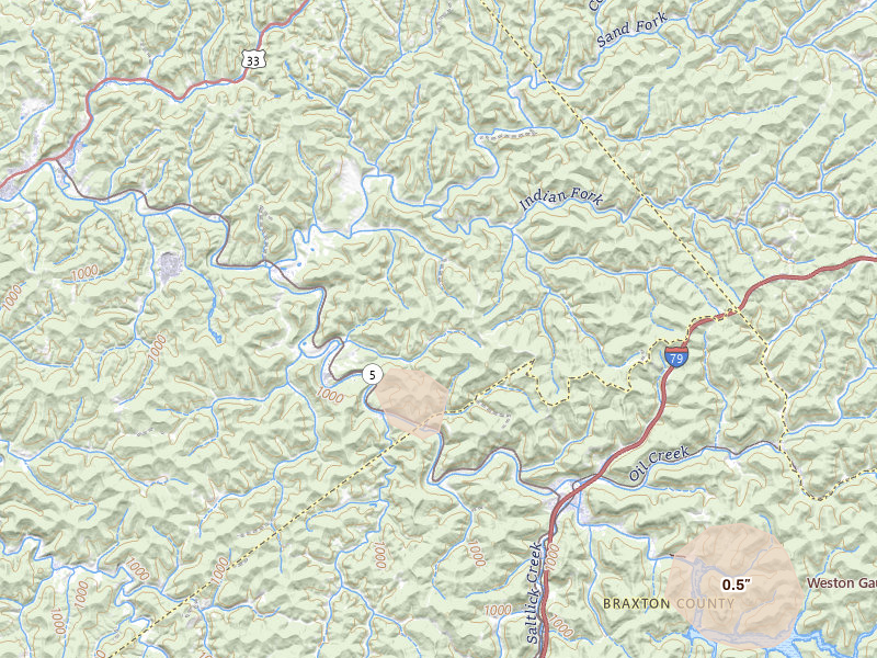 Radar-estimated hail-size map of the storm over Burnsville, WV on Aug 10, 2026