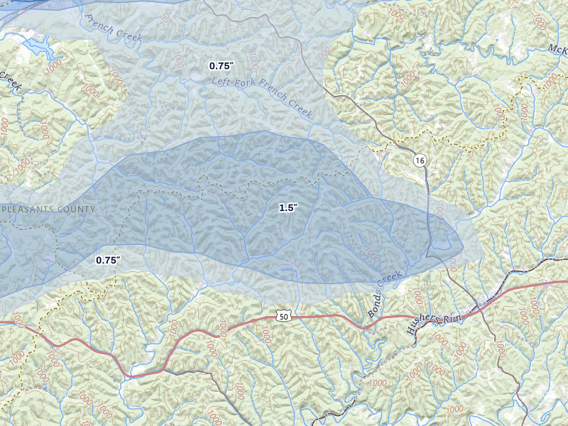 NEXRAD radar-signature map of the hail storm over Cairo, WV on Apr 1, 2026