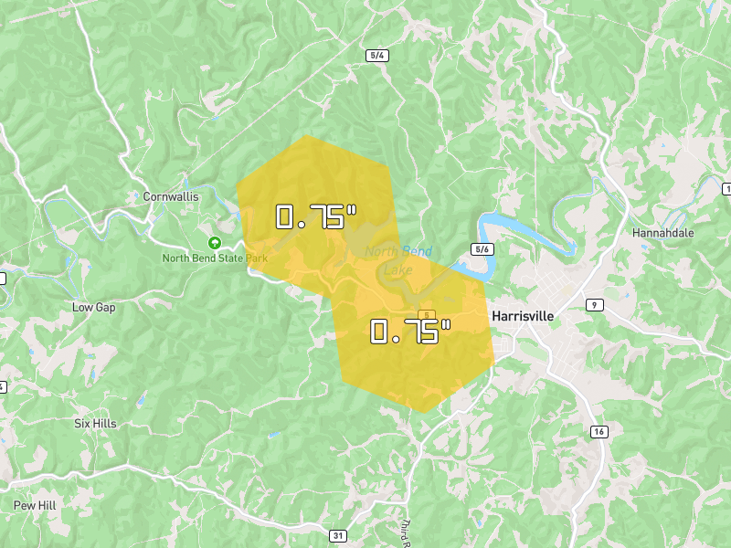 Hail map of Cairo, WV on Jul 4, 2026, hail up to 0.75"
