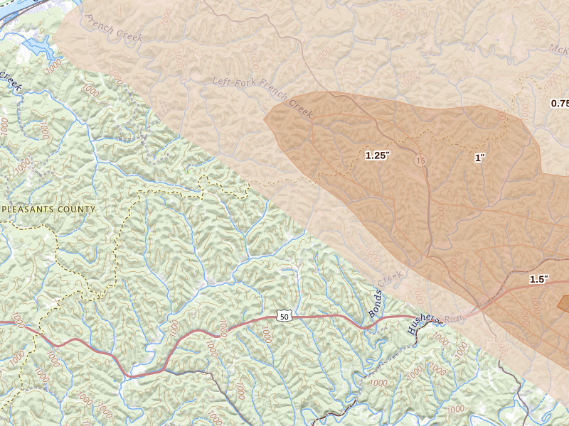 Radar-estimated hail-size map of the storm over Cairo, WV on Jul 21, 2026