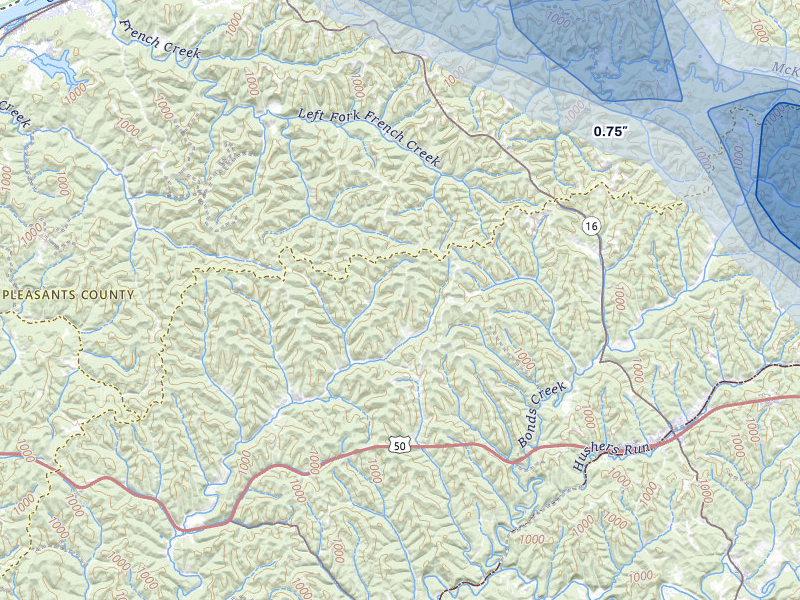NEXRAD radar-signature map of the hail over Cairo, WV