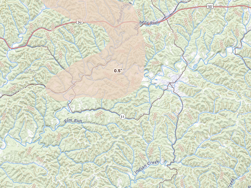 Radar-estimated hail-size map of the storm over Cairo, WV on Aug 10, 2026