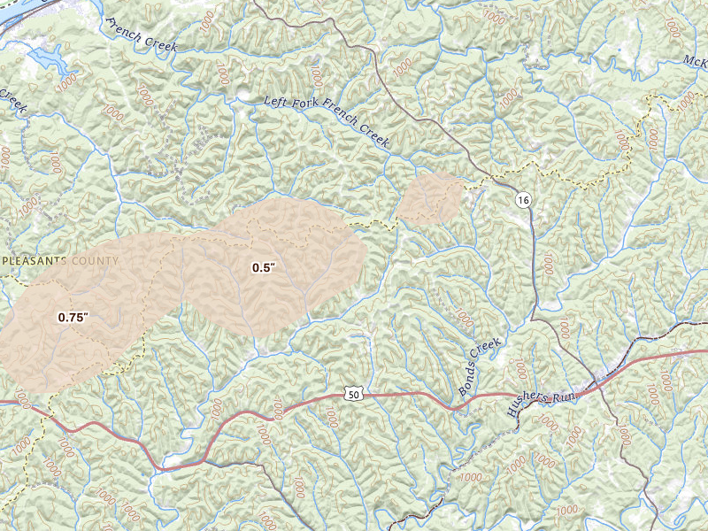 Radar-estimated hail-size map of the storm over Cairo, WV on Aug 22, 2026