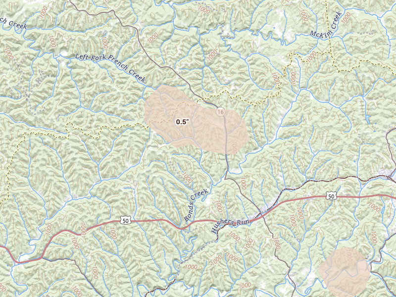 Radar-estimated hail-size map of the storm over Cairo, WV on Sep 4, 2026