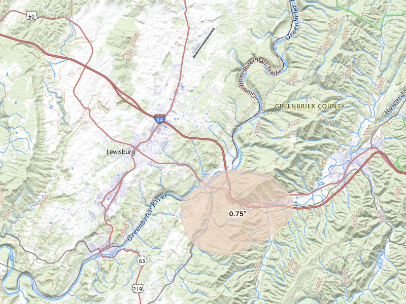 Radar-estimated hail-size map of the storm over Caldwell, WV on Jun 12, 2026