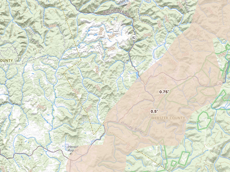 Radar-estimated hail-size map of the storm over Camden On Gauley, WV on Jul 4, 2026