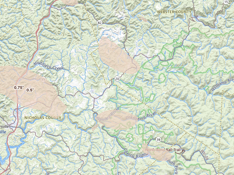 Radar-estimated hail-size map of the storm over Camden On Gauley, WV