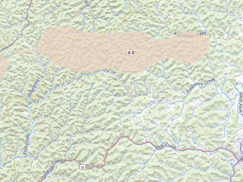 Radar-estimated hail-size map of the storm over Camden, WV on May 13, 2026