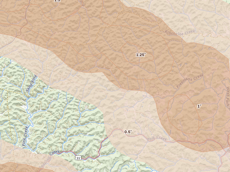 Radar-estimated hail-size map of the storm over Camden, WV on Jul 21, 2026