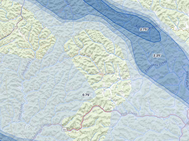 NEXRAD radar-signature map of the hail over Camden, WV