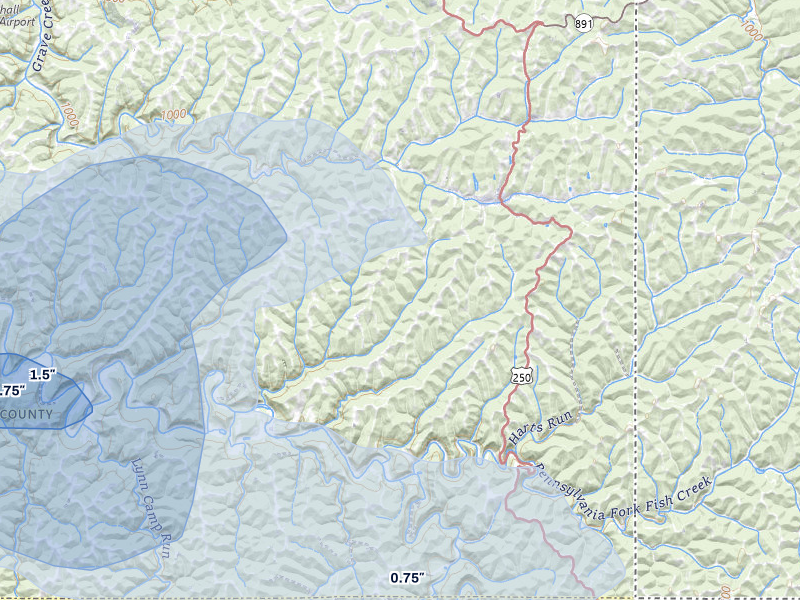 NEXRAD radar-signature map of the hail storm over Cameron, WV on Jun 6, 2026